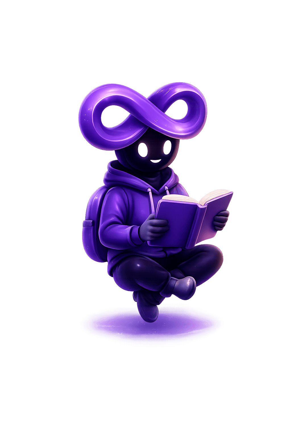Purple student mascot reading a book and preparing for focused practice