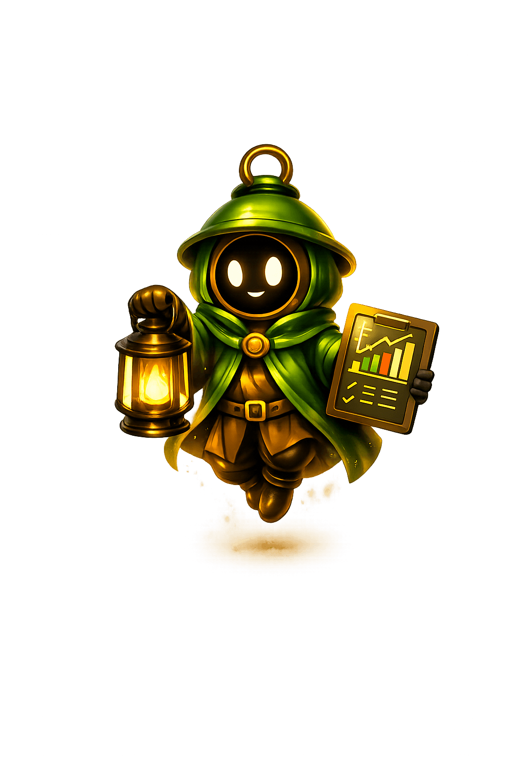 Green lantern guide mascot holding a lantern and report scroll