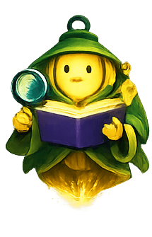 Guide mascot reading a report with a magnifier